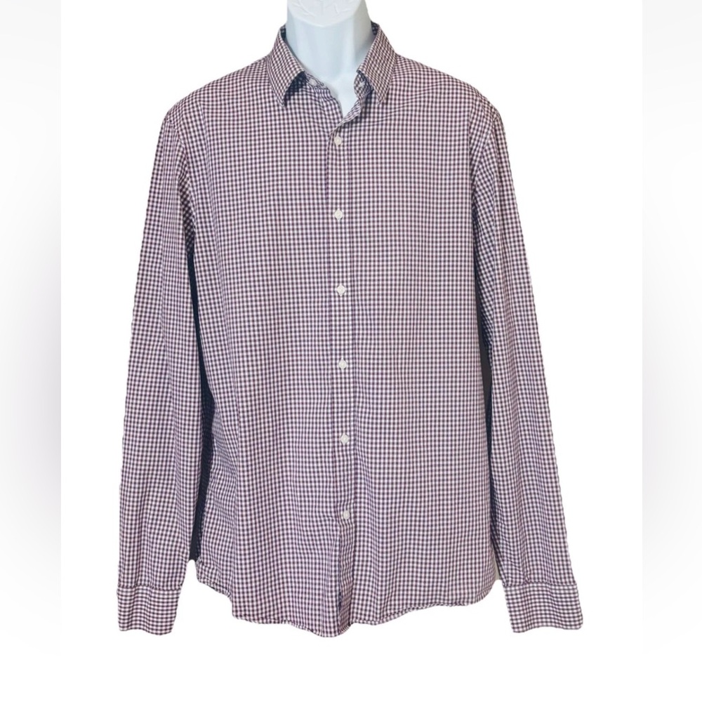 Michael Kors Mens Button Dress Trim Stretch Shirt XL Maroon White Gingham Check